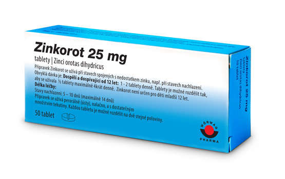 Zinek - nedostatek zinku, účinky, užívání, dávkování, příznaky předávkování, Zinkorot tablety 25mg